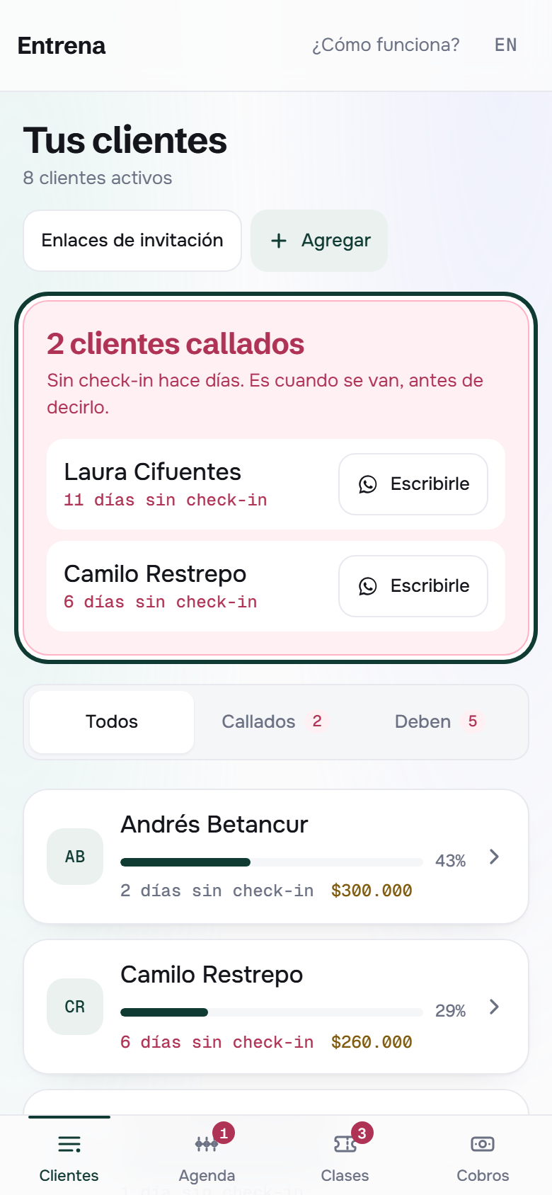 El aviso de clientes callados arriba de la lista: cada uno con sus días sin check-in y un botón para escribirle.